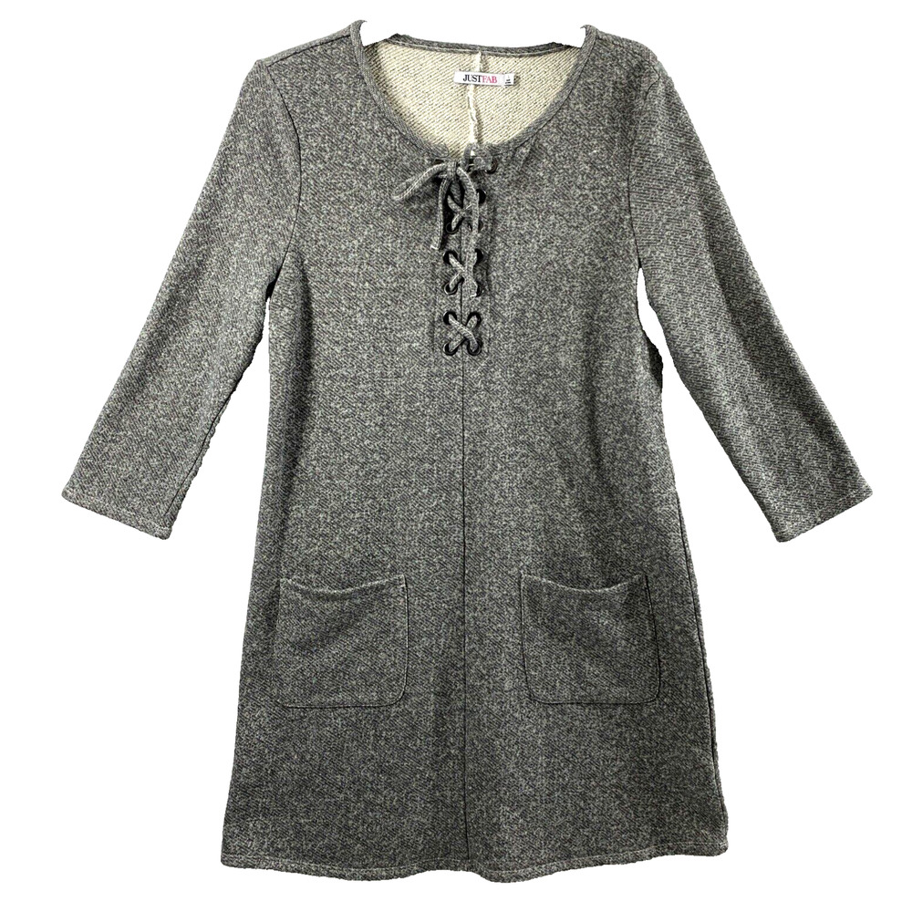 Justfab Dress Womens Large Gray Lace Up Long Sleeve Pockets Aline‎ Jersey Knit